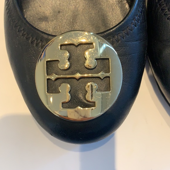 Tory Burch Leather Flats - Black with Gold Emblem - Picture 2 of 7
